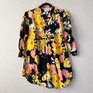 Magazine‎ Floral Print Tunic Top Bohemian Button Up Blouse Yellow Pink L